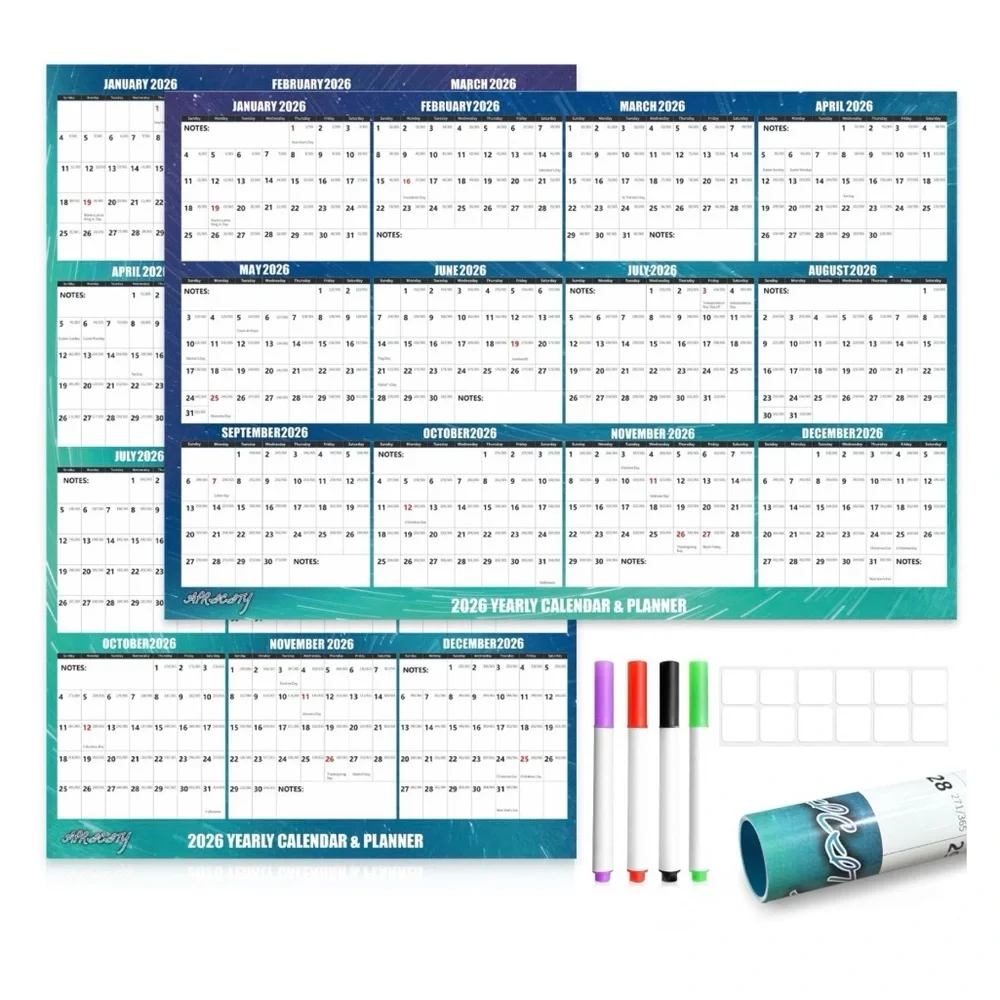 Dry Erase 2026 Wall Calendar - Blue/White